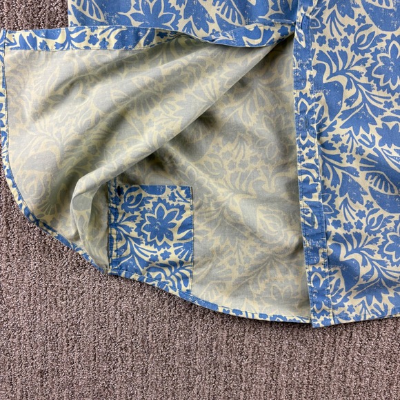 Prana Men's XL Short Sleeve Button Up Shirt Blue Yellow Floral Bird Print Casual - Picture 12 of 12